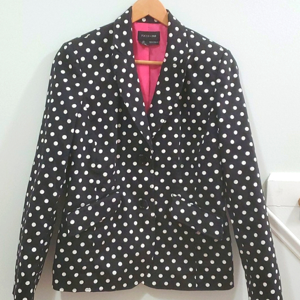Polka Dot Black White Buttoned Full Sleeve Blazer